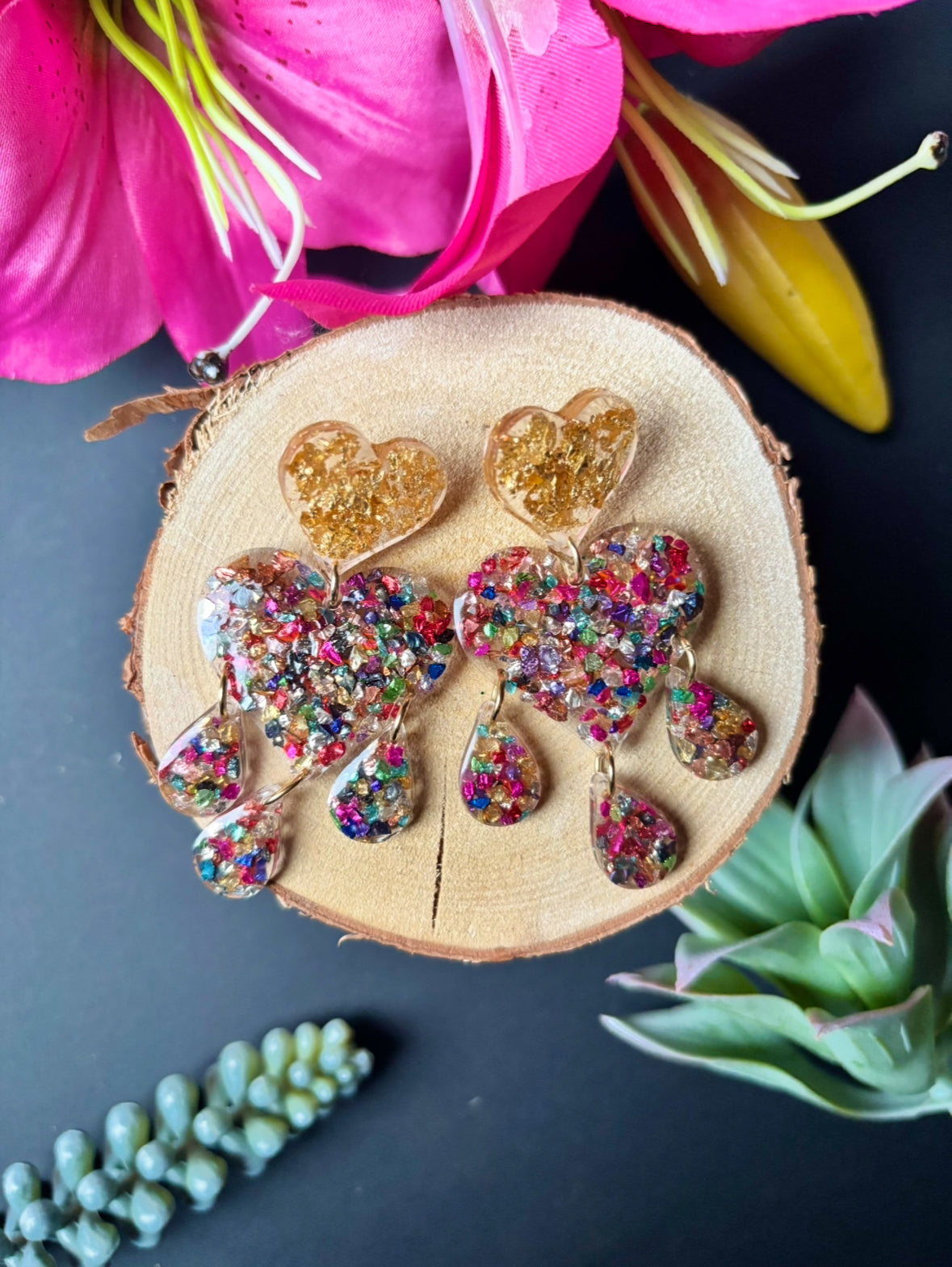 Big Heart Drop Earrings - Multicolored