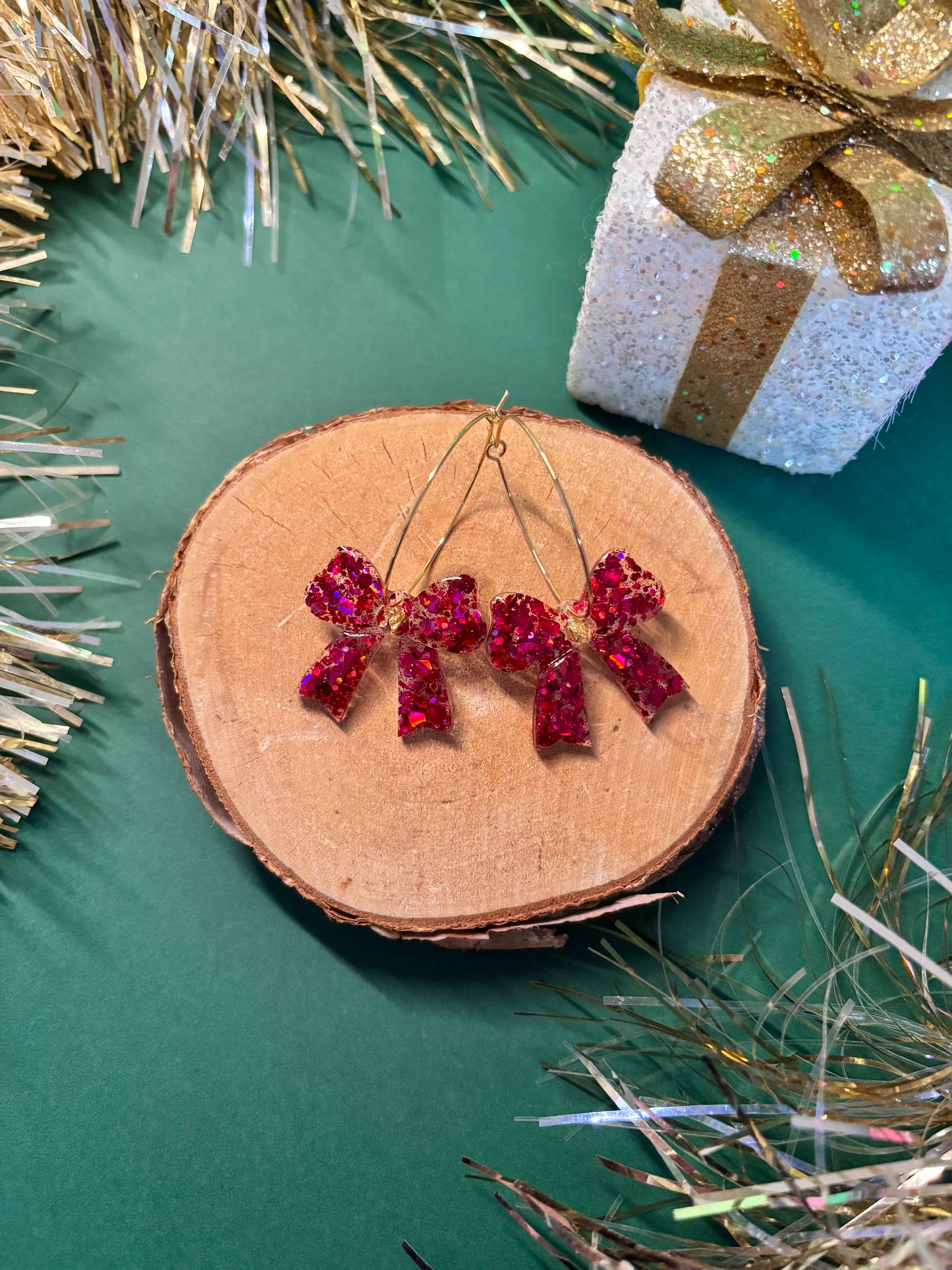 Bow Hoop Earrings - Red Glitter/Gold
