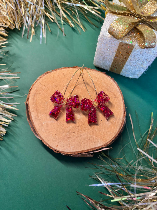 Bow Hoop Earrings - Red Glitter/Gold