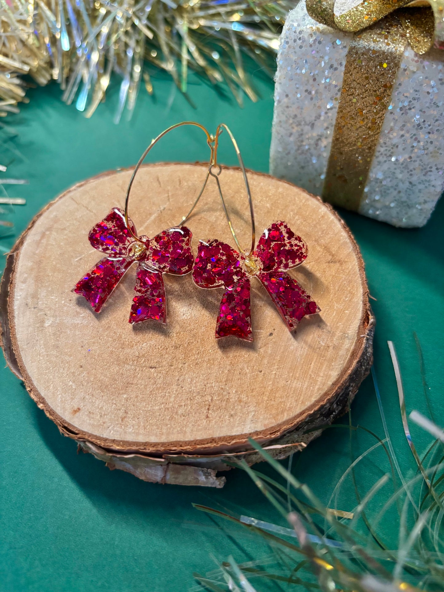 Bow Hoop Earrings - Red Glitter/Gold