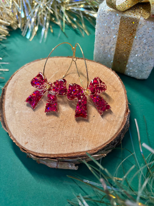 Bow Hoop Earrings - Red Glitter/Gold