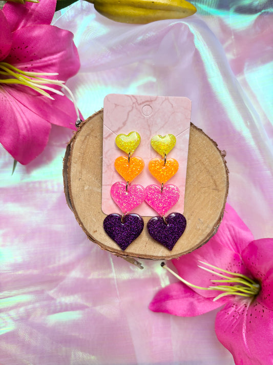 Heart Drop Earrings - Neon Rainbow