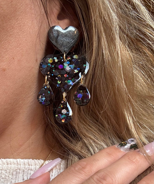 Big Heart Drop Earrings - Black