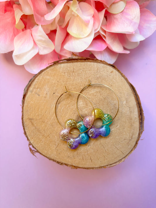 Flower Hoop Earrings - Pastel Rainbow/Gold