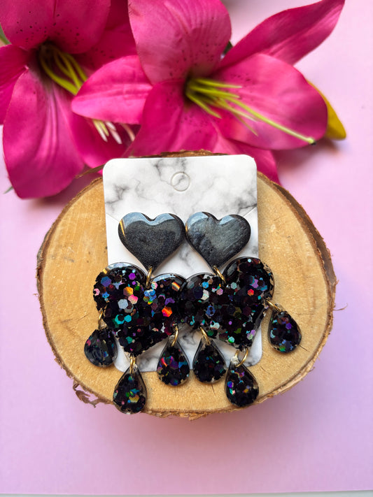 Big Heart Drop Earrings - Black